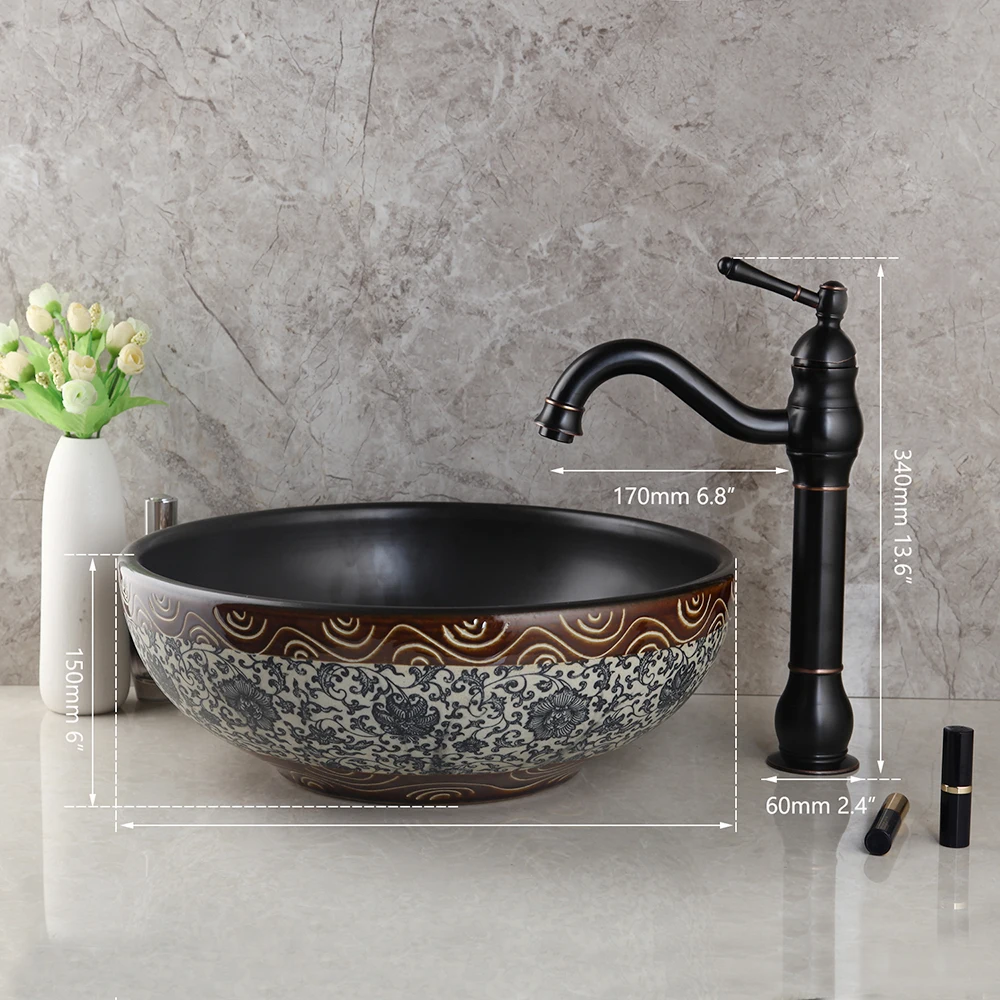 KEMAIDI Ceramic Waterfall Spout Basin Black Tap Bathroom Sink Washbasin Bath Brass Set Faucet Mixer Taps