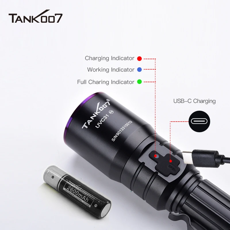 Tank007 uvc31 ndt nnnichiuv LED懐中電灯,365nmブラックライト警察の穴あき高出力タイプC USB充電式ゴーグル