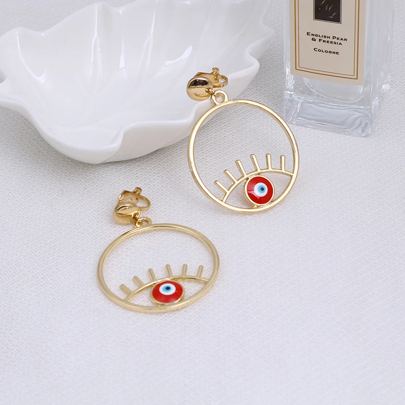 Geometric Big Circle Enamel Evil Eye Clip on Earrings for Girl Gold Color Band Elegance Lucky Turkish Evil Eye Round Ear Clips