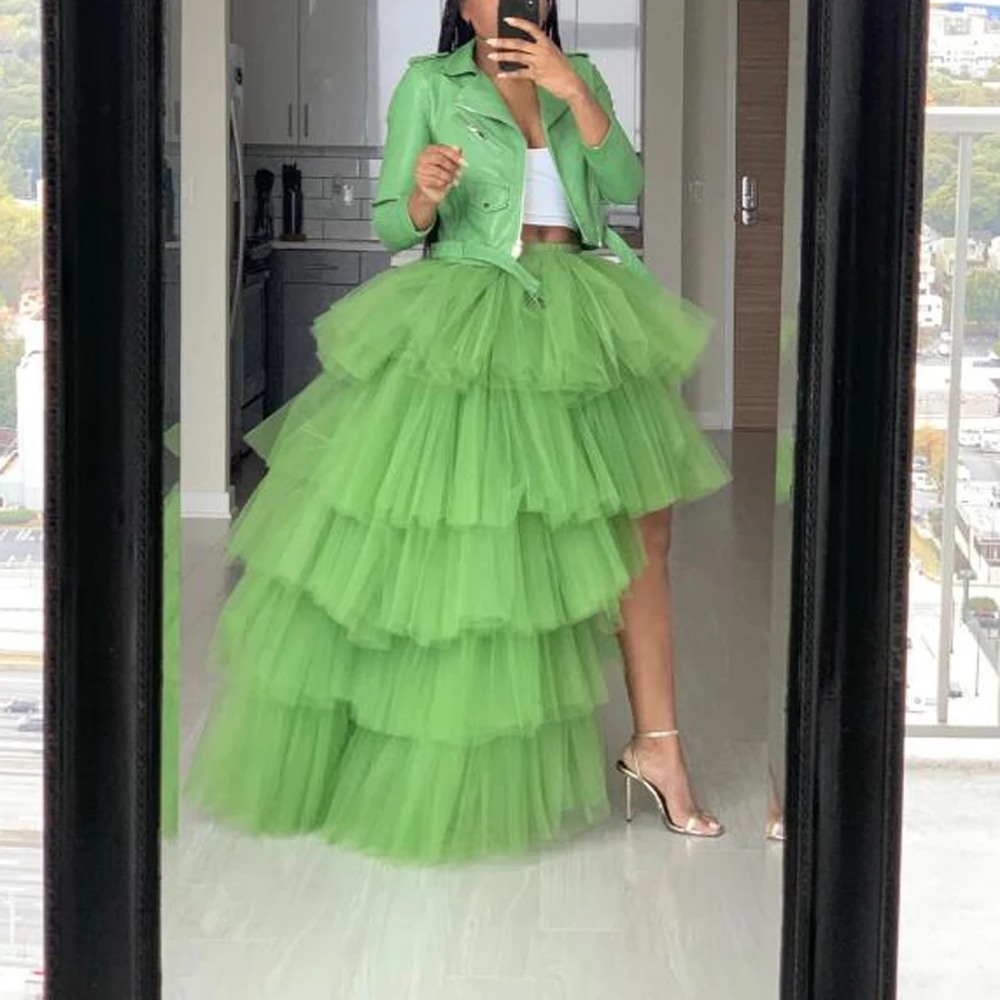2020 Spring Grass Green Ruffles Tiered High Low Tulle Skirts Women Elastic Custom Made Long Puffy Tulle Skirt Women Fashion Tutu