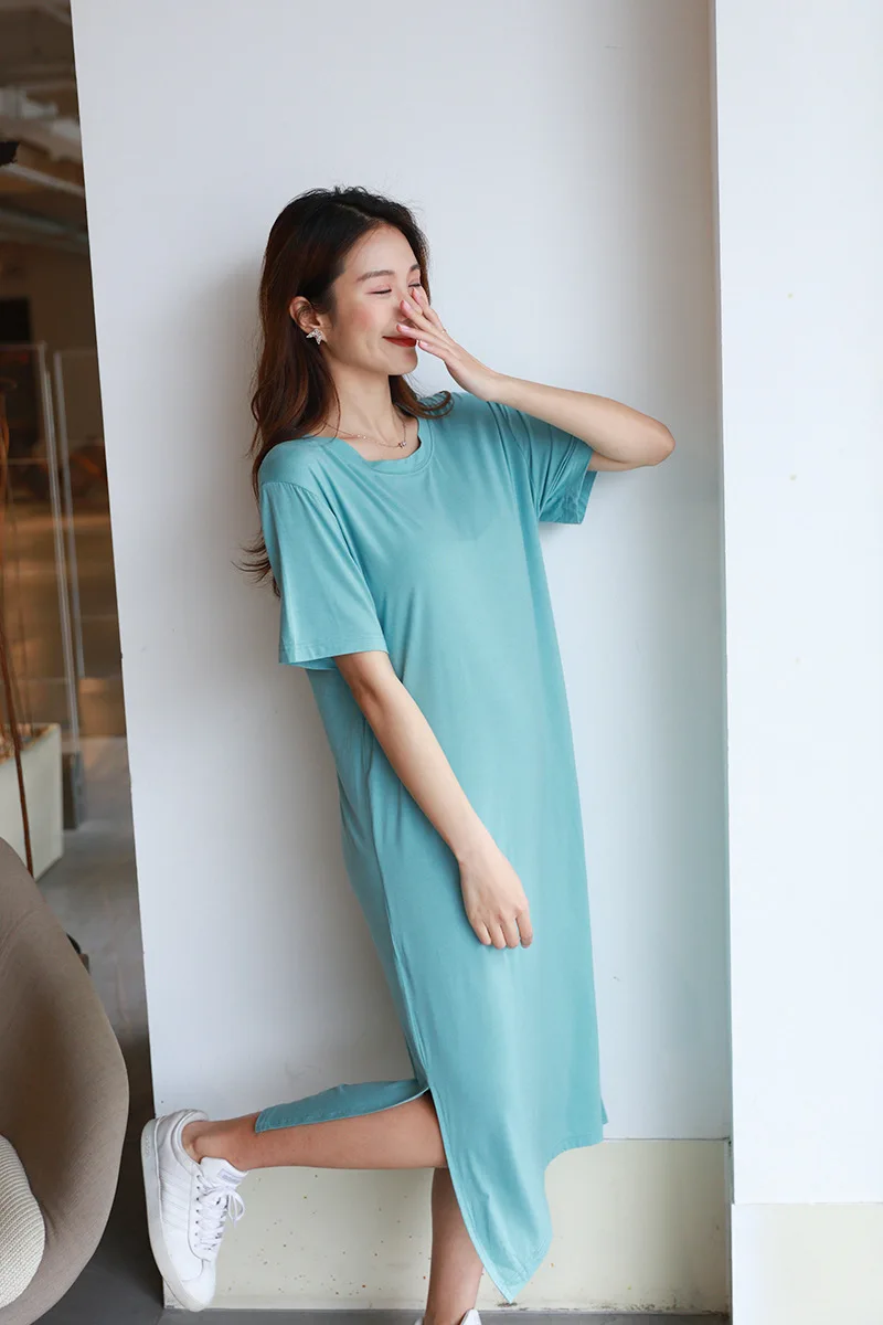 ชุดราตรีสุภาพสตรีฤดูใบไม้ผลิฤดูร้อน Nightgowns แขนสั้น Modal ผ้าฝ้ายยาว Nightshirt Homewear ผู้หญิงขนาดใหญ่ชุดนอน