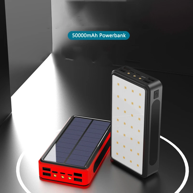 Solar Power Bank 50000mAh Outdoor Portable Solar Charger 4 USB Powerbank External Battery Pack Power Bank with LED Camping Light