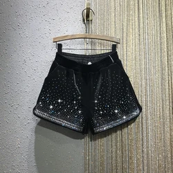 2022 New Autumn Winter Fashion Gold velvet hot drilling elastic waist shorts women loose wide leg shorts KZ976