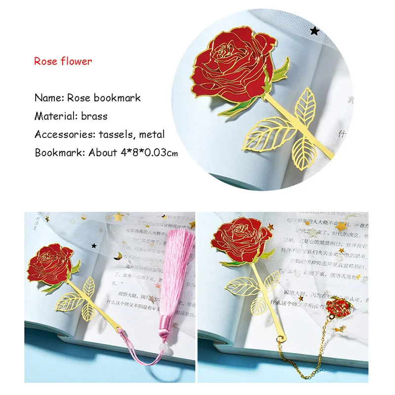 1 Psc Metal Bookmark Vintage Chinese Style Rose Flower Four Leaf Clover Hollow Fringed Pendant 3D Painted Bookmarks for Books