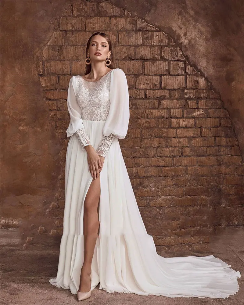 2021 Graceful Lace And Chiffon A Line Beach Wedding Dress Puff Long Sleeves Buttons Side Slit Backless Sexy Bridal Gown For Lady