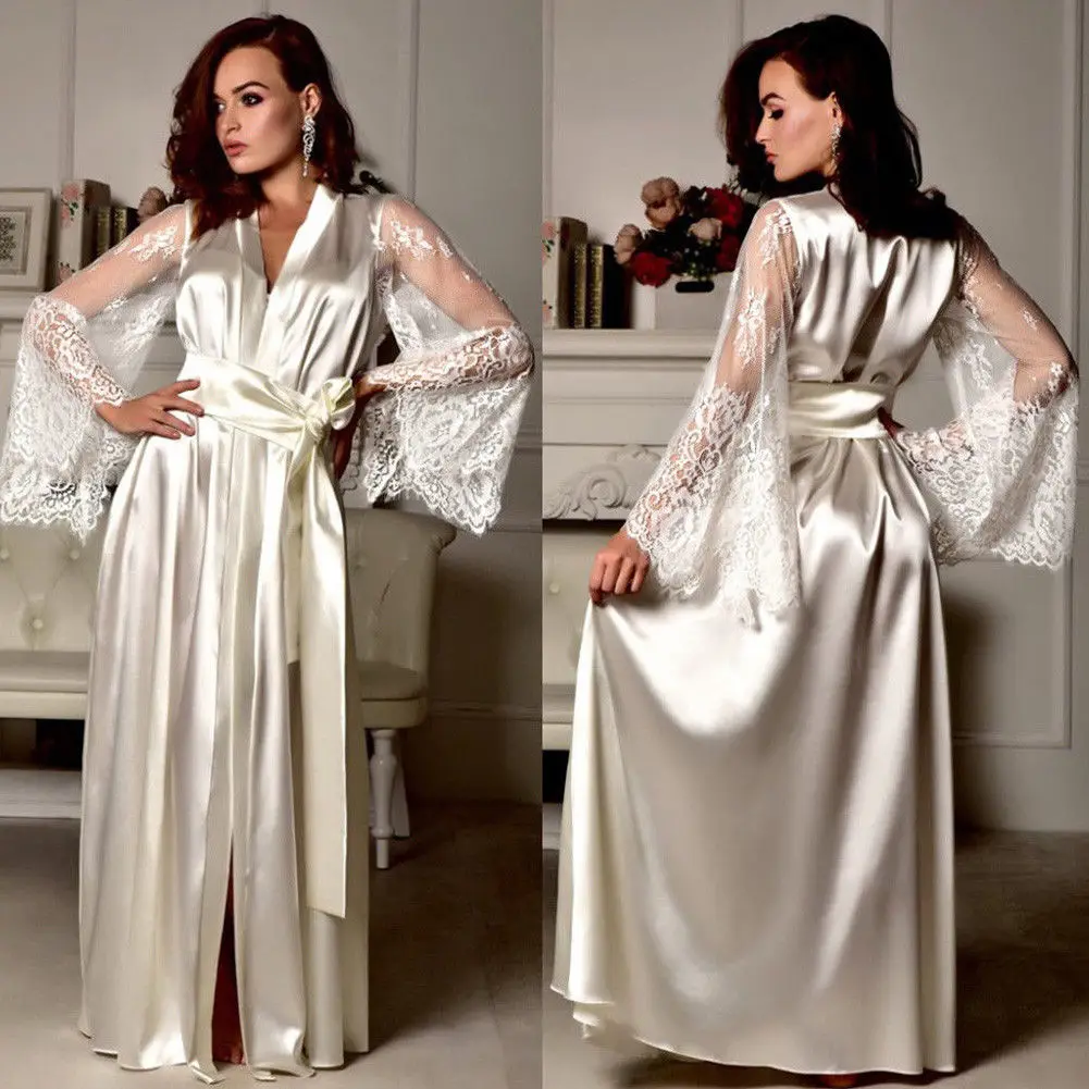 Women Fashion Casual Solid Satin Taffeta Silk Robe Sleepwear Pajamas Lady Sexy Lace Sleeve Nightgown Nightwear Nightdress