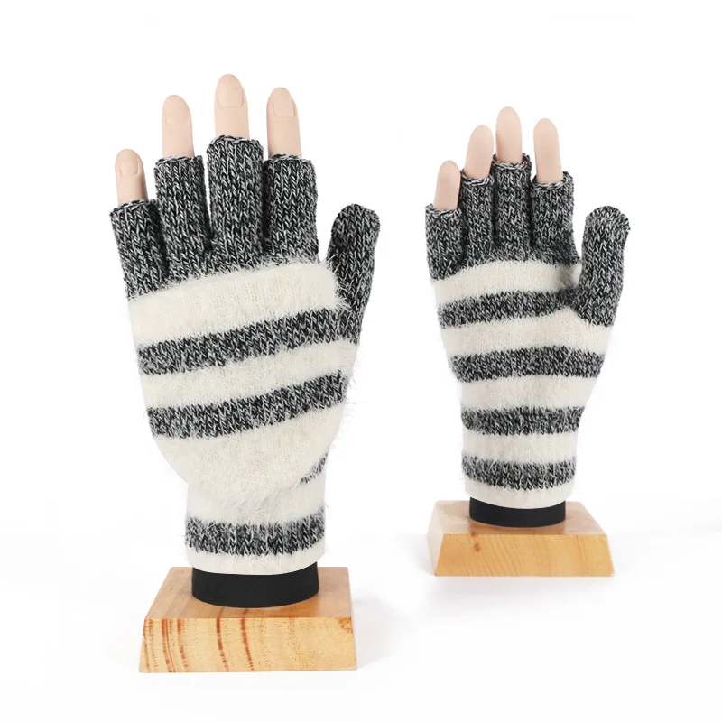 Men Women Winter Warm Stripes Stretch Knit Half Finger Flip Typing Mitten Unisex Plush Velvet Touch Screen Driving Glove F83