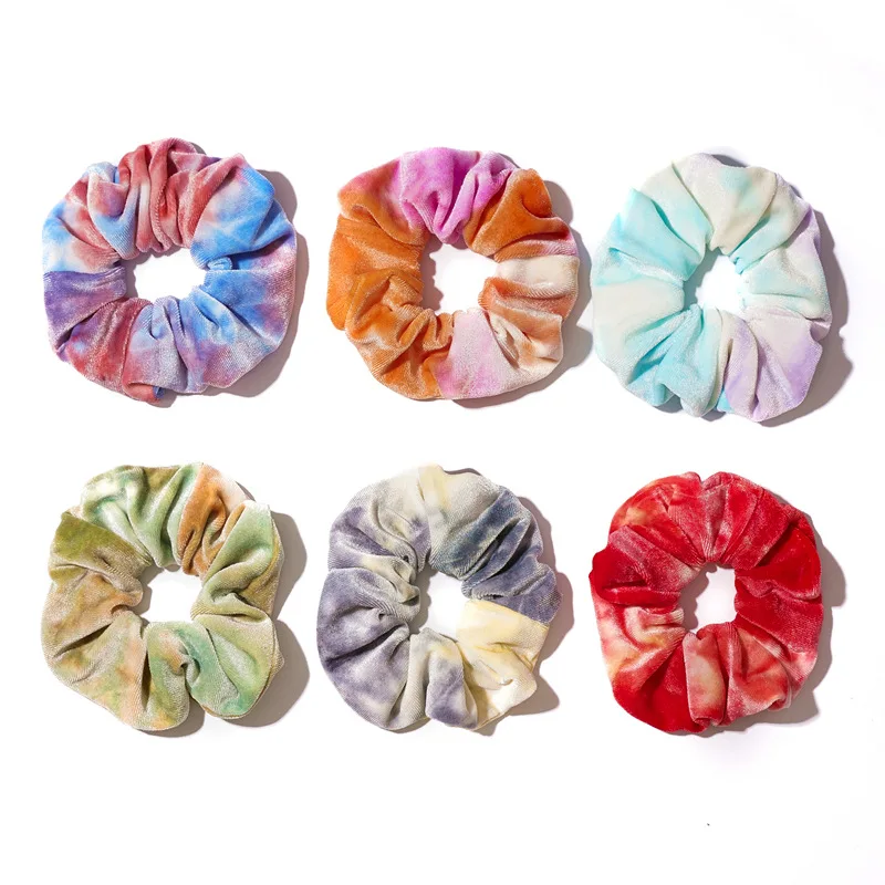 2024 neue bunte Scrunchy Pack Großhandel 6 teile/satz Tie Dye Designs Regenbogen Haar Haar gummis Set Samt Vsco Mädchen Haars eil