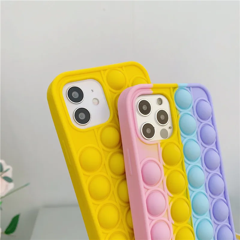 Cute Helps Stress Reliever Phone Case For iPhone 13 12 11 Pro MAX XR XS 5S 6S 7 8 Plus SE2 SE3 3D Rainbow Bubbles Toy Soft Cover