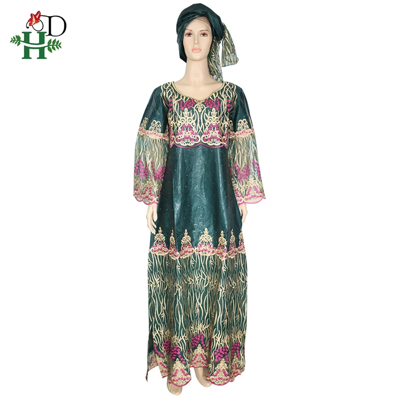 H & D-vestidos africanos para mujer, vestido de encaje bordado con envolturas para la cabeza, ropa de mujer de Sudáfrica, vestidos largos Bazin Riche Dashiki