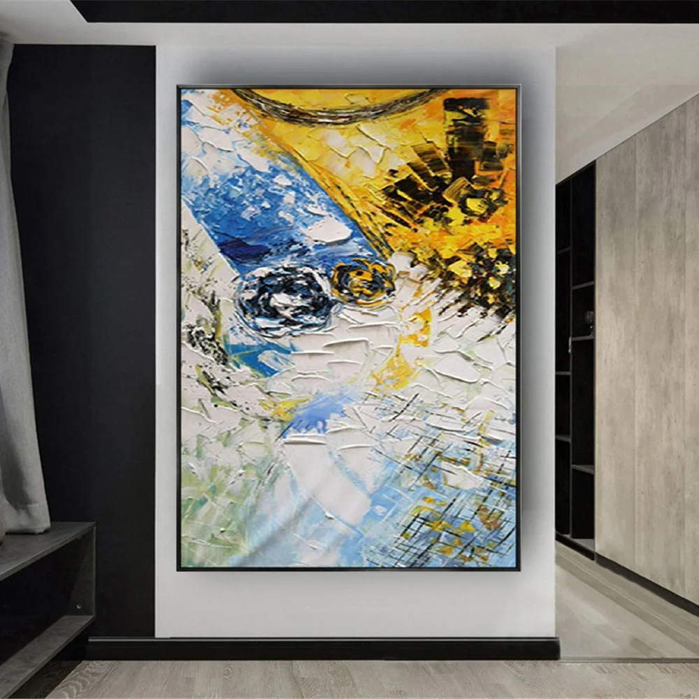 لوحات زيتية مرسومة يدويًا طلاء سكين تجريدي أصفر وأبيض نسيج زيتي سميك صورة قماشية ديكور منزلي لوحة معلقة #3