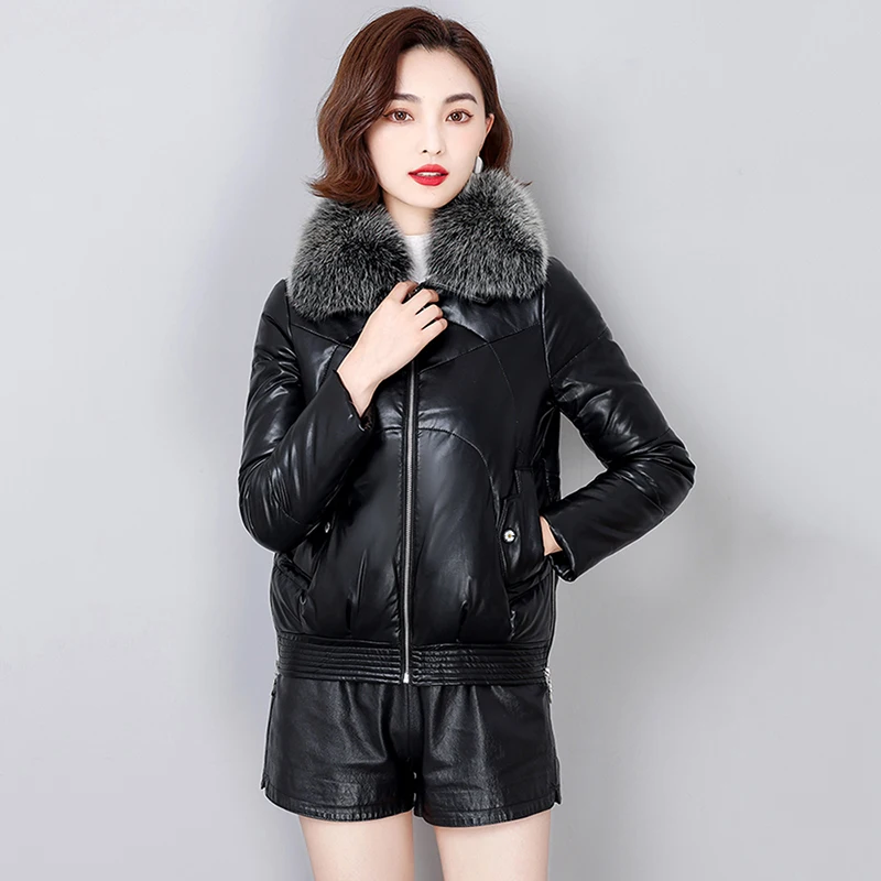 New Women Leather Down Jacket Winter Fashion Warm Real Fox Fur Collar Slim Short Sheepskin Outerwear White Duck Down Coat Female