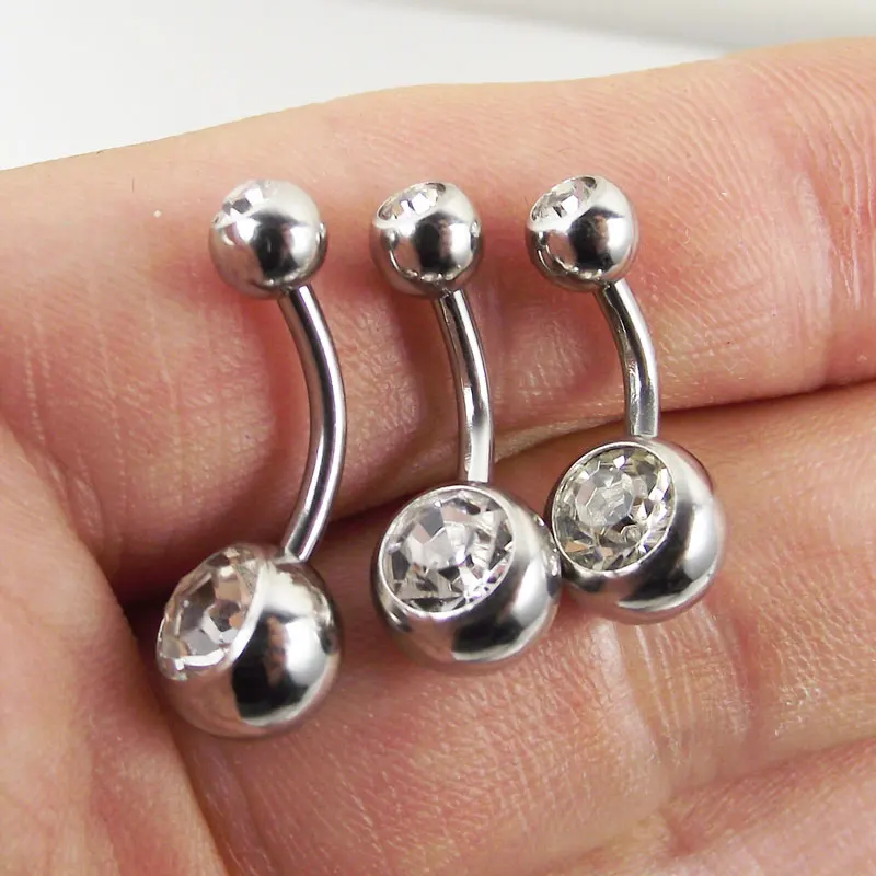 1 Piece 14G Screw Belly Ring Curved Banana Navel Bell Button Ring Clear Double Crystal Ball Body Piercing Jewelry