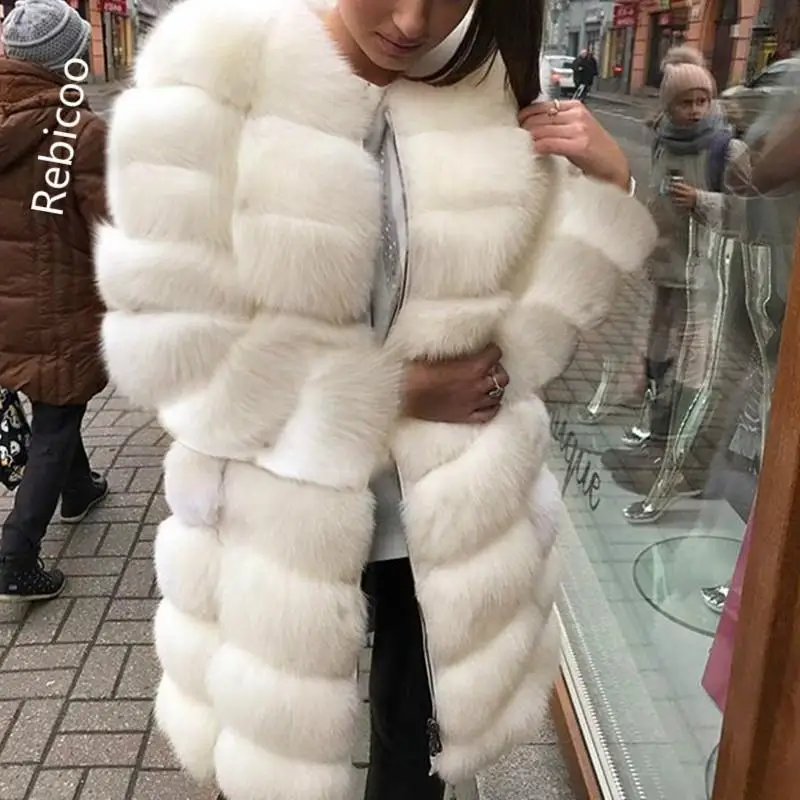 

White Thick Warm Fur Long Sleeve O-neck Jacket Winter Fashion Women Faux Fur Furry Coat Outerwear Overcoat