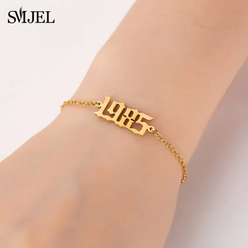 SMJEL Old English Number Year Anklet Bracelet Women Birth Wedding Date Personalize Bracelet 1980 to 2010 Best Gift Jewelry