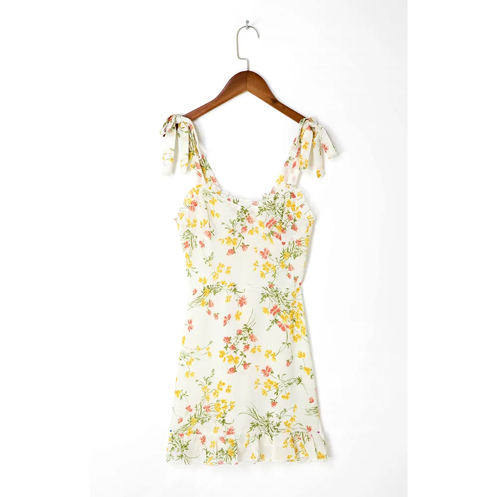 Zomer Jurken Voor Vrouwen 2021 Mouwloze Sweetheart Hals Tie Strap Mini Jurk Ruffle Zoom Bloemen Strand Jurk Vakantie Zonnejurk