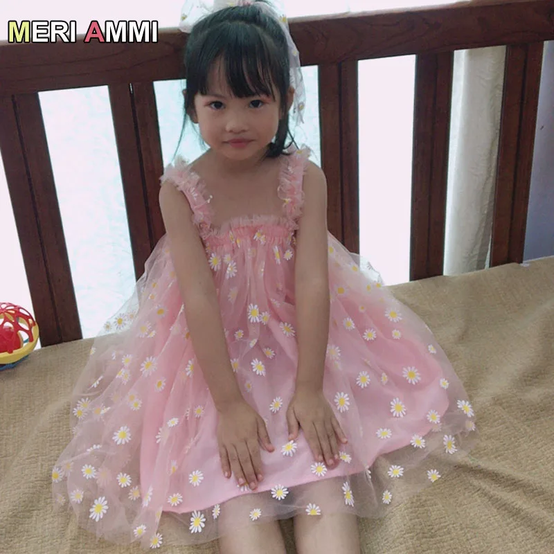 MERI AMMI For 1-13 Y Daisy Flower Girls Birthday Dress Kid Children Clothing Sleeveless Floral Party  Christmas Knee Length Mesh