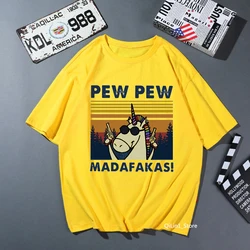 Funny Unicorn With Gun Cartoon Print T-Shirt Women Pew Pew Madafakas Graphic T Shirt Femme Kawaii Clothes Yellow Tshirt Female