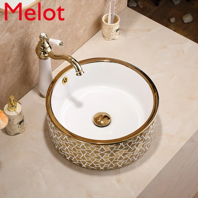 European-Style round Golden Wash Basin Upper Basin Household Ceramic Table Wash Basin Hotel Toilet Wash Basin