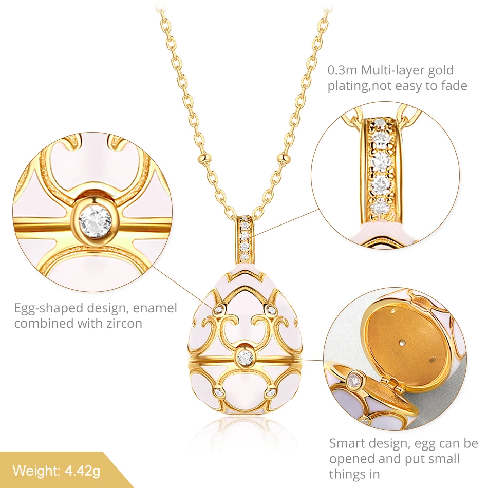 ALLNOEL Enamel Locket 925 Sterling Silver Egg Pendant White Red Charm Sweater Necklace For Women 750mm Long Gold Chain Jewelry