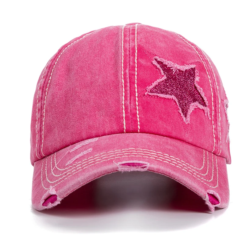 New Fashion Women Ponytail Cap Sequins 5-Point Star Hole Design Baseball Cap Female Washed Cotton Streetwear Hats