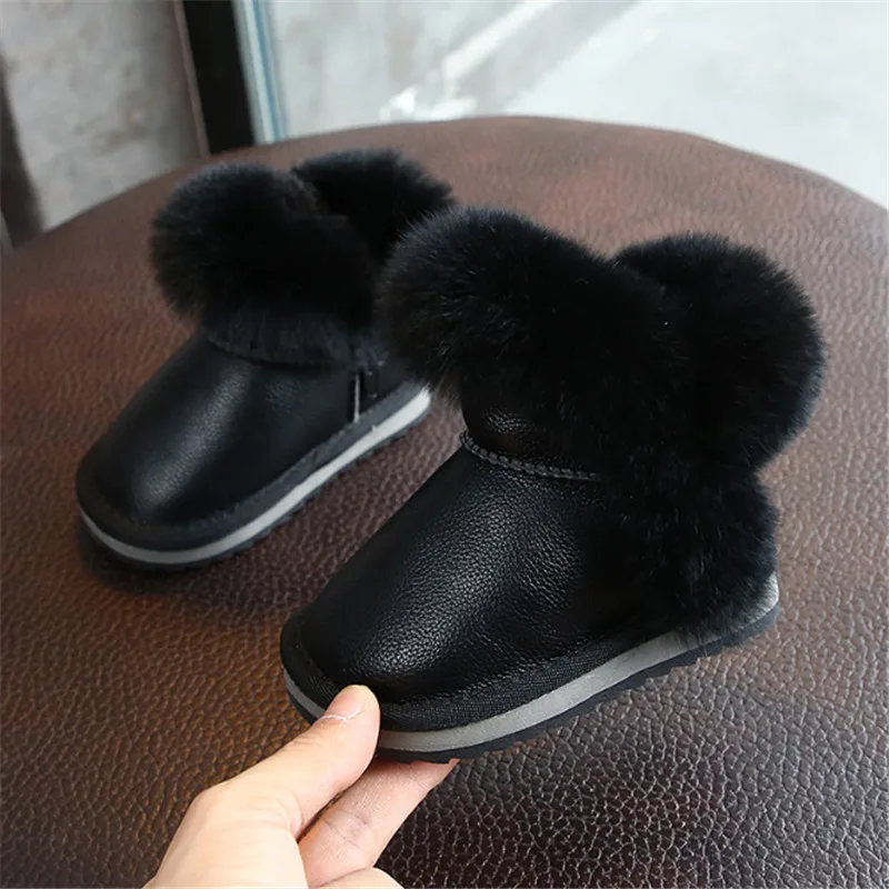 2021 New Winter Girls Boots Leather Princess Warm Plush Cotton Kids Shoes Non-slip Fashion Toddler Baby Shoes 15-25