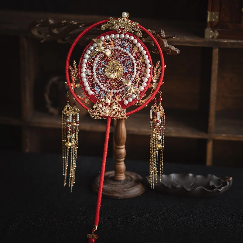 HIMSTORY Vintage Luxury Chinese Bridal Hand Fan Holding Phoenix Round  Handmade Pearls Wedding Bouquet Long Handle Fan