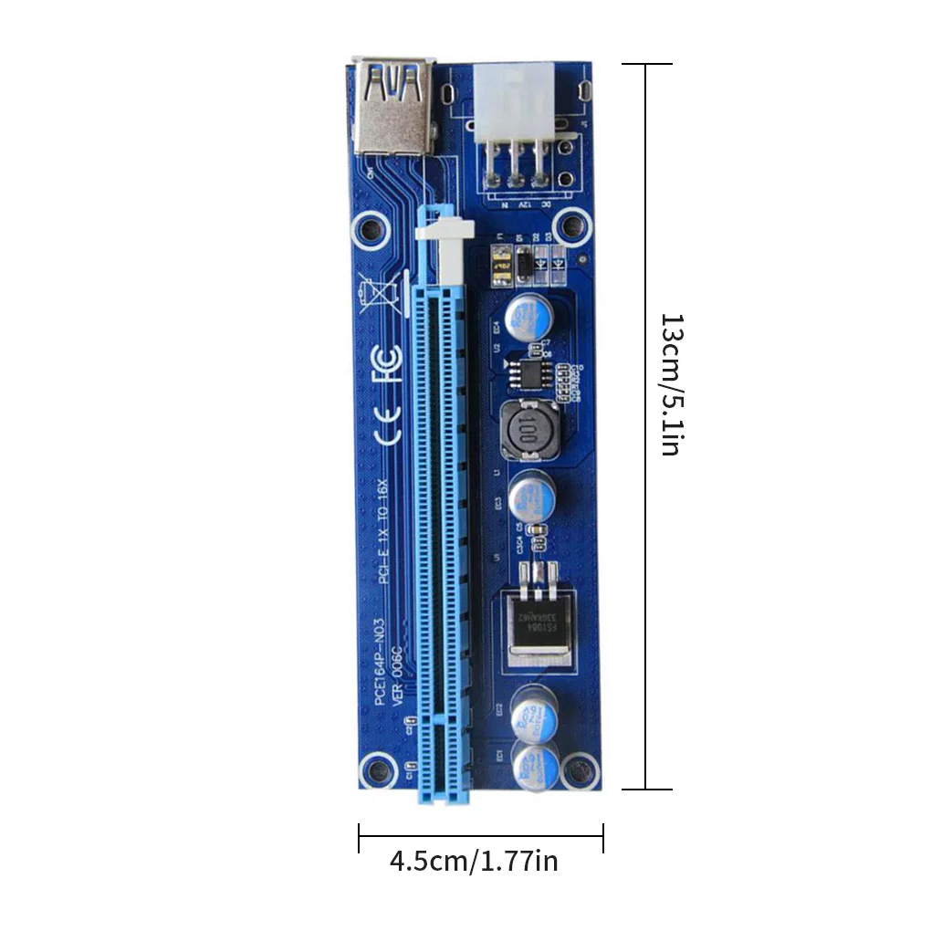 PCI-E Extender Card Mining Computer PCI-E 1x TO 16x Adapter with 6-pin & USB Interface, Blue, 30cm USB Cable