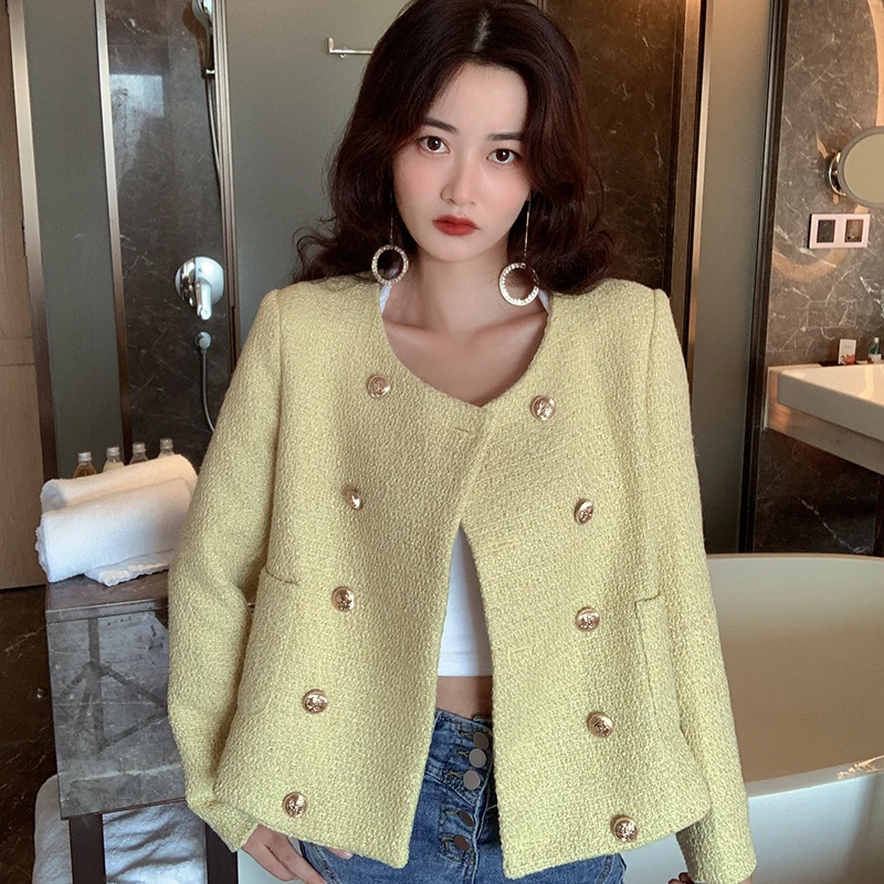 

2024 Autumn Winter New Fashion Women Elegant Vintage Yellow Tweed Jacket Coat Ladies Double Breasted Outwear