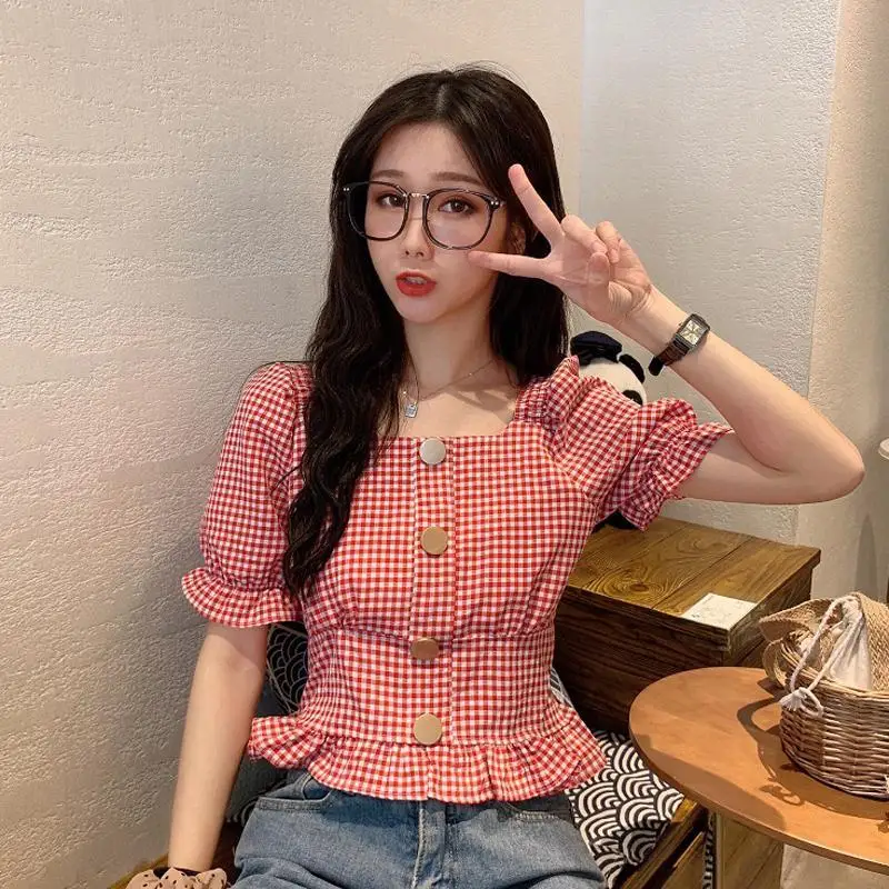 Shirts Women Sweet Square Collar Plaids Simple Abdomen Hipster Mujer Tops Summer Maiden Ruffles Clothing Korean Style Street Ins