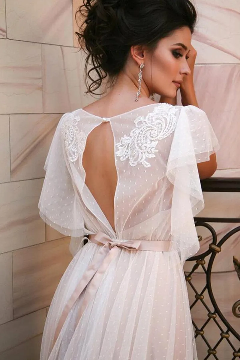 Boho Trouwjurk Bohemian Sexy Open Back Kant Applicaties Dot Tulle Bruidsjurken Met Riem Prinses Robe Party Jurk Plus size