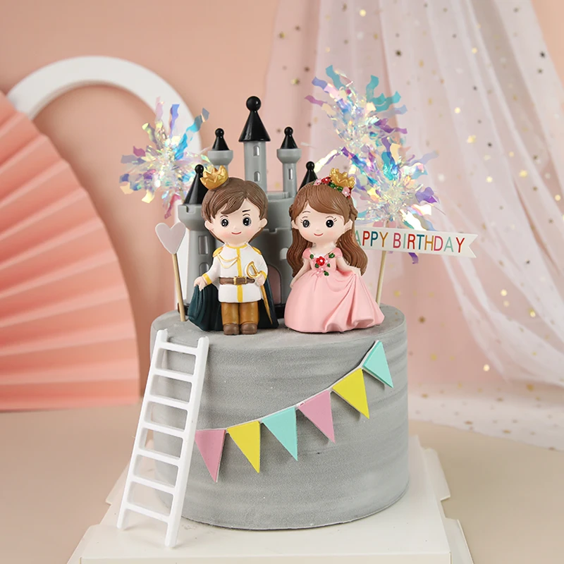 Cute Castle Princess Prince Resin Creative Crafts Cake Decorations Little Boy Girl Model Micro Landscape Cake Topper Decor