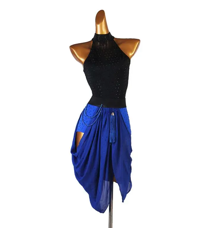 Vestido de baile latino para mujer, azul y negro vestido de baile, vestido de Tango Flamenco, Rumba, ChaCha, vestido de competición Latino azul lq219