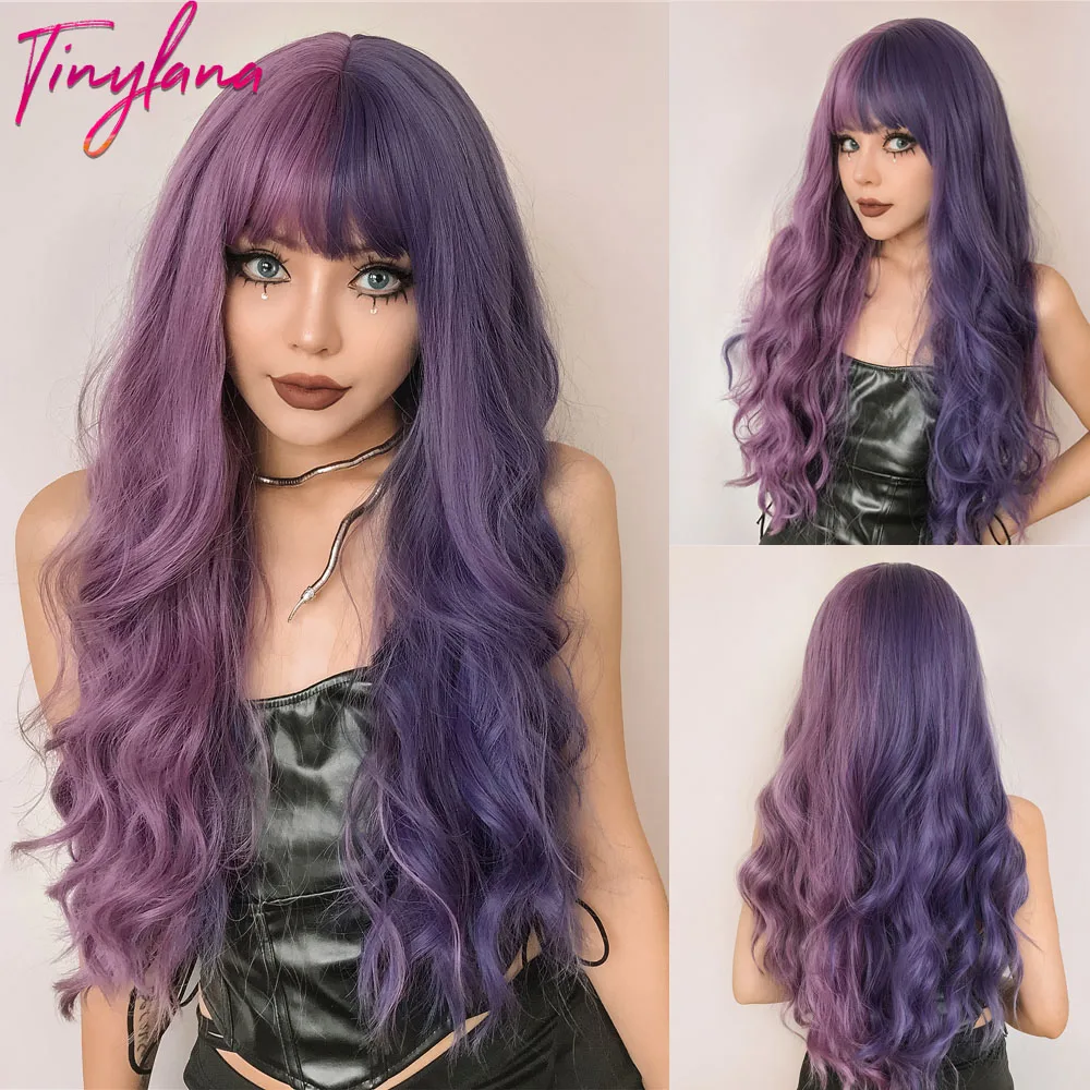 Lange lila synthetische gewellte Perücke mit Pony für schwarze Frauen, Cosplay, Party, Weihnachten, Halloween, Perücken, tägliches Naturhaar