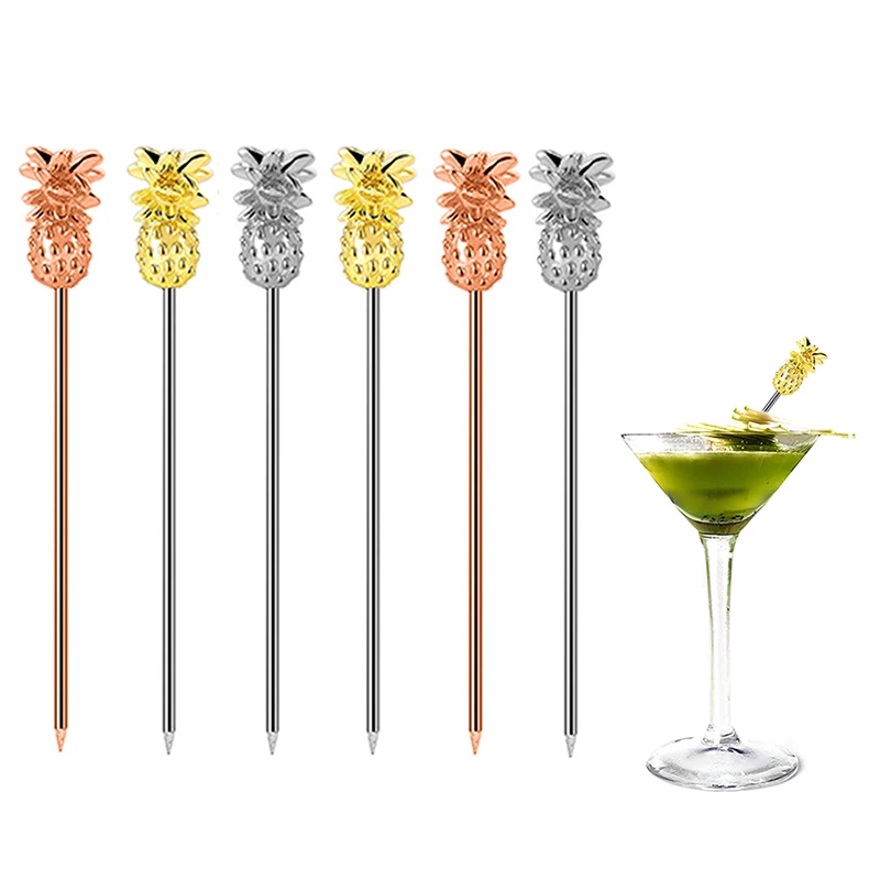 6PCS Martini Picks with Pineapple Charms, Cocktail Stick,100% Stainless Steel Metal -Set of 6