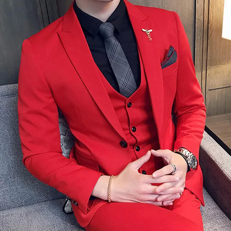 Slim fit Red Casual Mens Suit 3 piece Male Wedding Tuxedos Man Set Jacket Waistcoat with Pants Latest coat Design Mens Fashion