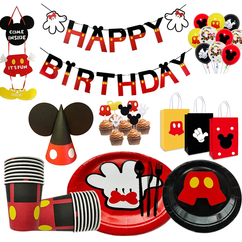 

Disney Mickey Mouse Birthday Party Baloon Decorations Disposable Plate Cup Tablecloth Party Supplies Tableware Kid Party Sets