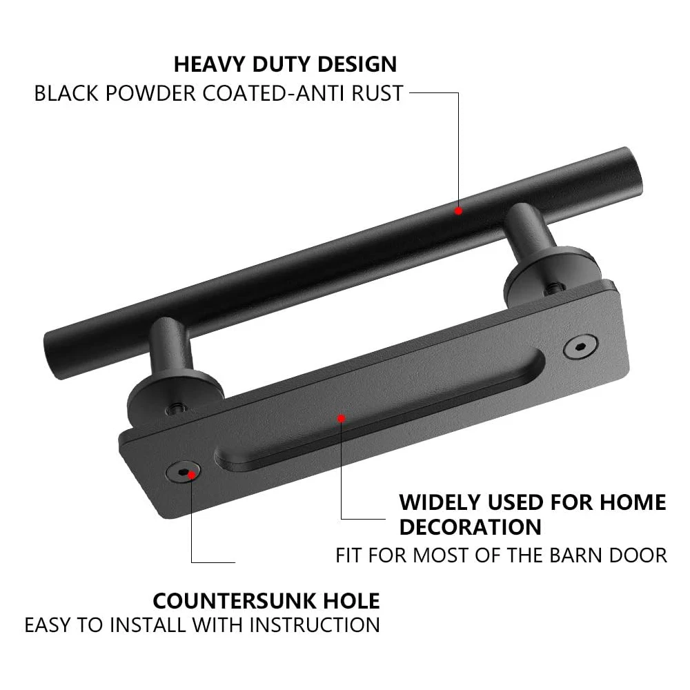 Maçaneta da porta do celeiro de 12 '', conjunto de maçaneta embutida, hardware de aço carbono/aço inoxidável para porta interna de madeira deslizante