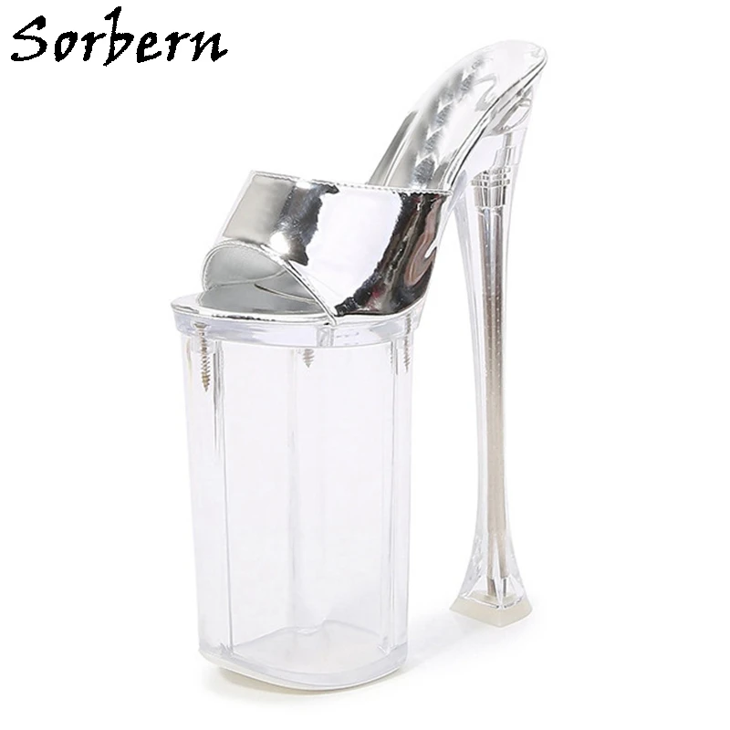 

Sorbern 26Cm Extreme High Heel Women Sandals Perspex Heel Thick Platform Slip On Summer Shoe New Slides Pole Dance Heels