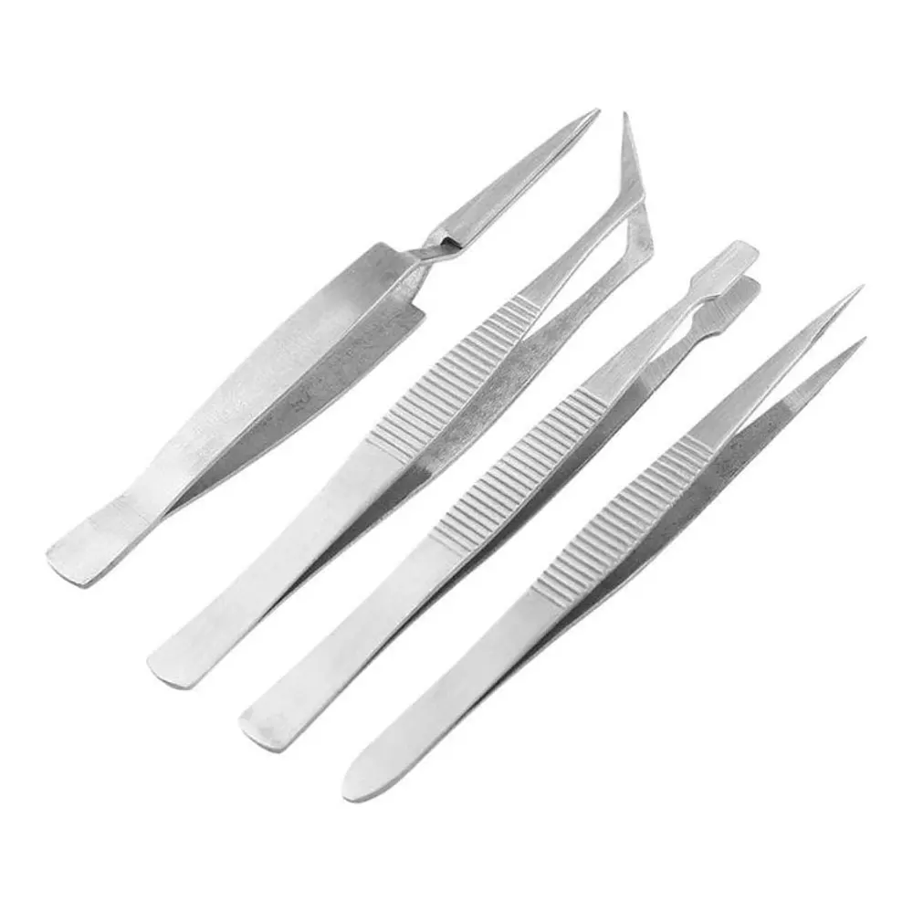 Pinzas piezas acero inoxidable ESD, herramientas de mantenimiento, precisión Industrial, curvadas, rectas, herramientas de reparación, 4 Uds.