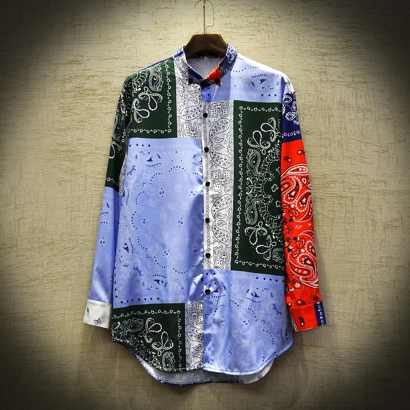 

Men's Casual Shirt Camisa Masculina Hip Hop Patchwork Printed Long Sleeve Spring Summer Shirts Men National tide Fashion