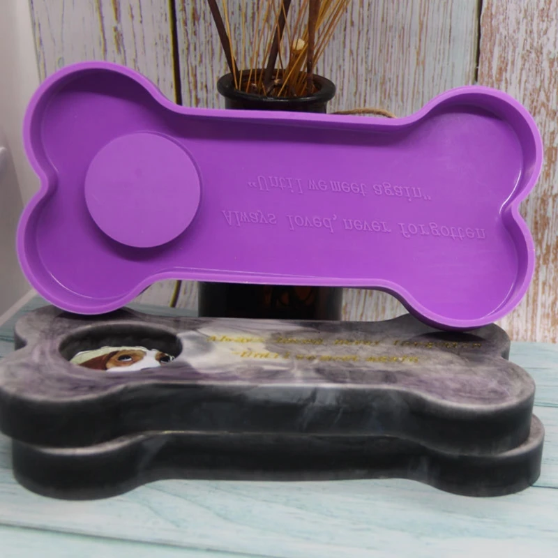 3 In 1 Pet Tombstone Resin Mold Bone Dog Memorial Stone with Photo Frame Silicone Casting Mold Candles Holder Mold