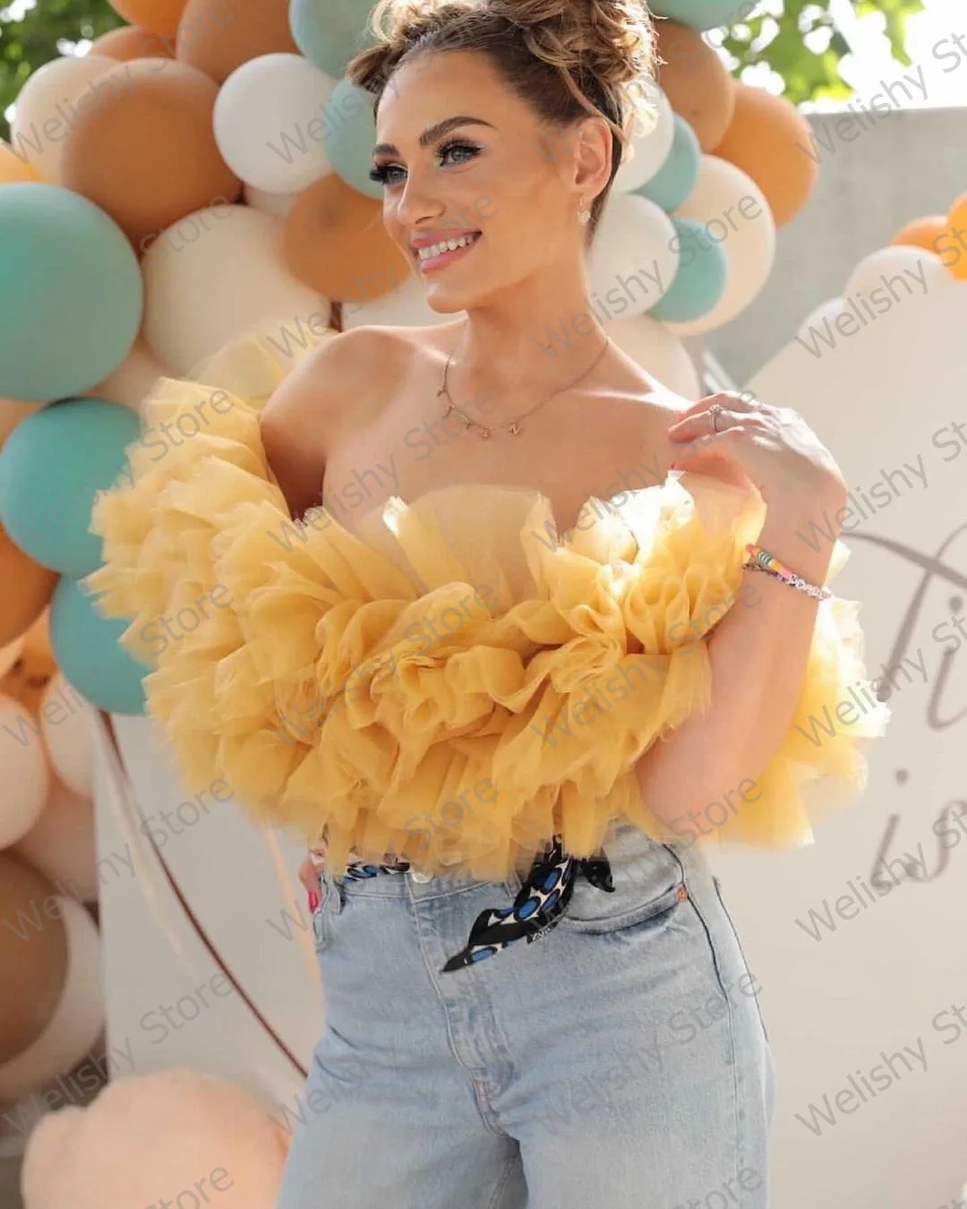 Luksusowy styl bez ramiączek Puffy potargane krótkie Party Tulle topy dość żółte dziewczyny Ruffles plisowane tiul Top kobiety wykonane na zamówienie