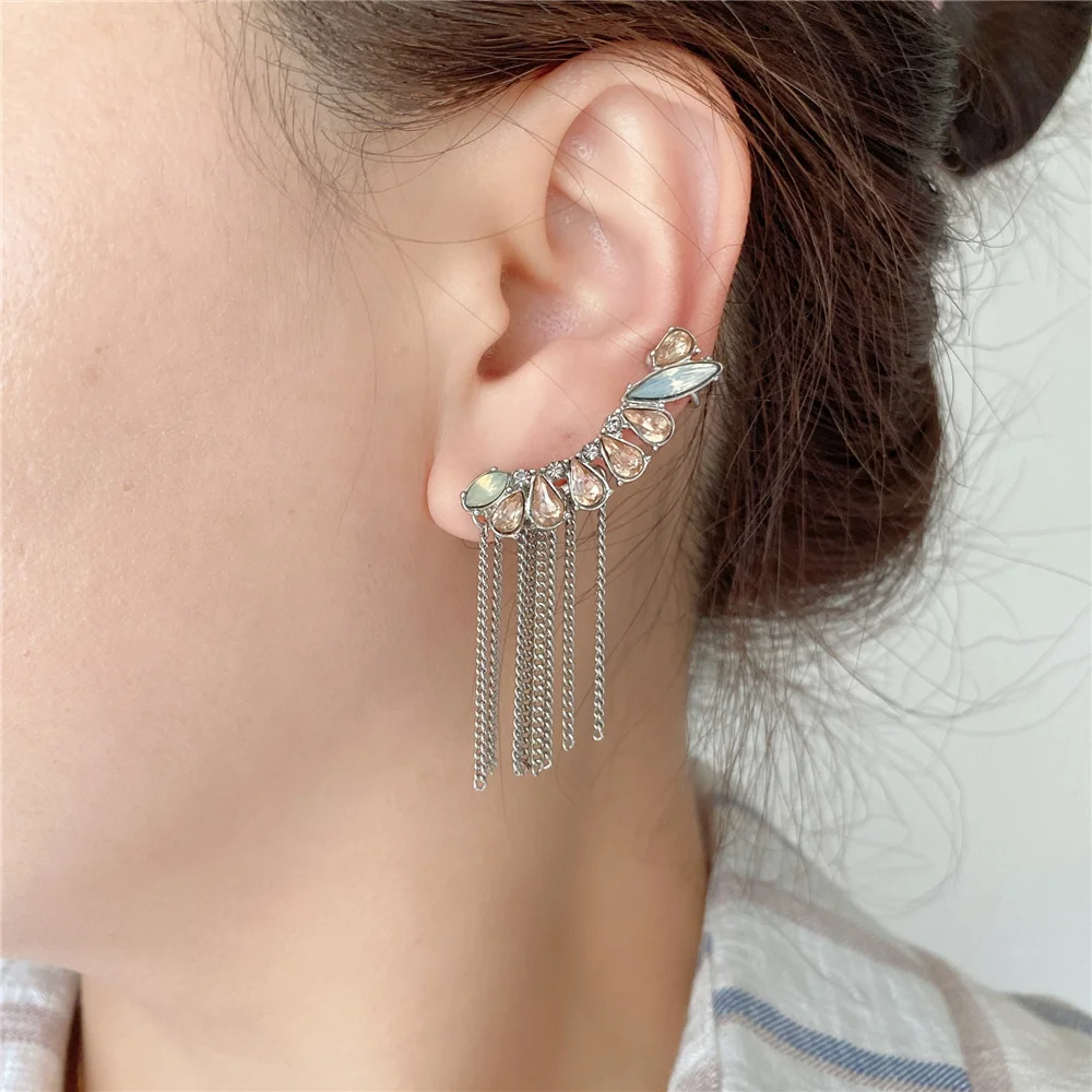 Vintage Rhodium Color Plating Peach with Opal Stone Decorated Chain Tassel Ear Clip Earrings For Women Girl Party Unique Jewelry