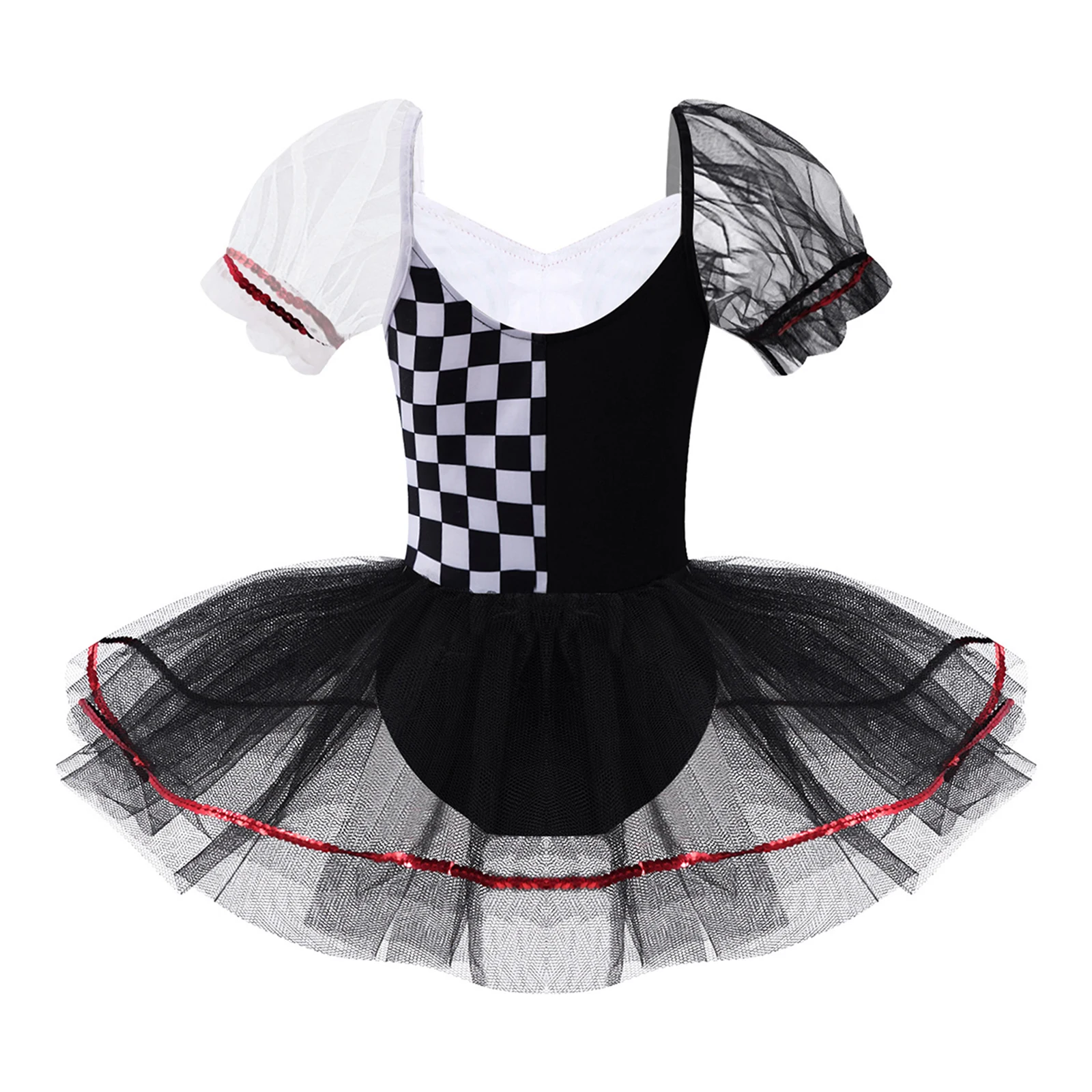 Black Kids Girls Halloween Queen Cosplay Costume Short Sleeves Ballet Dance Dress Mesh Tutu Dress Jumpsuit for Carnival Party