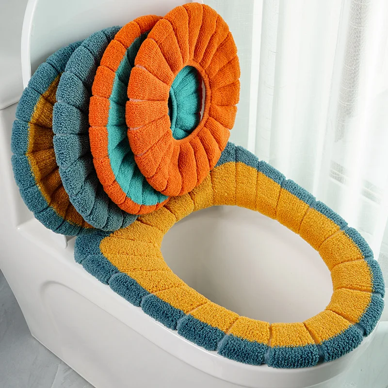 Winter Warmer Soft Toilet Cushion Seat Cover Bathroom Lavatory Double Color Washable Toilet Ring Lid Mat Closestool Accessories