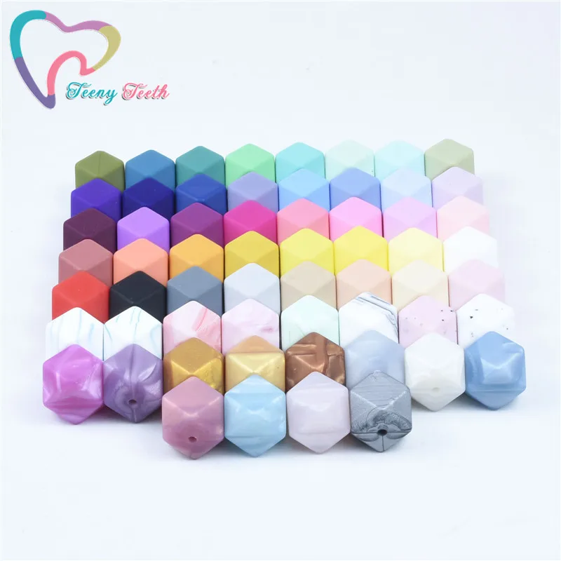 Teeny Teeth 10 PCS 14-17 MM Hexagon Loose Geometric Silicone Beads Teething Necklace Silicone Chewable Hexagon Beads 45 Colors