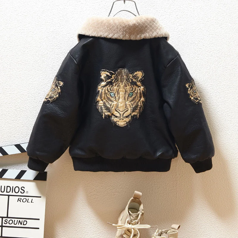 Winter Pu Leather Jacket Tiger Coat Plus Velvet Big Kids Fashion Clothes For Teens Boys Cardigan Children Outwear Coats