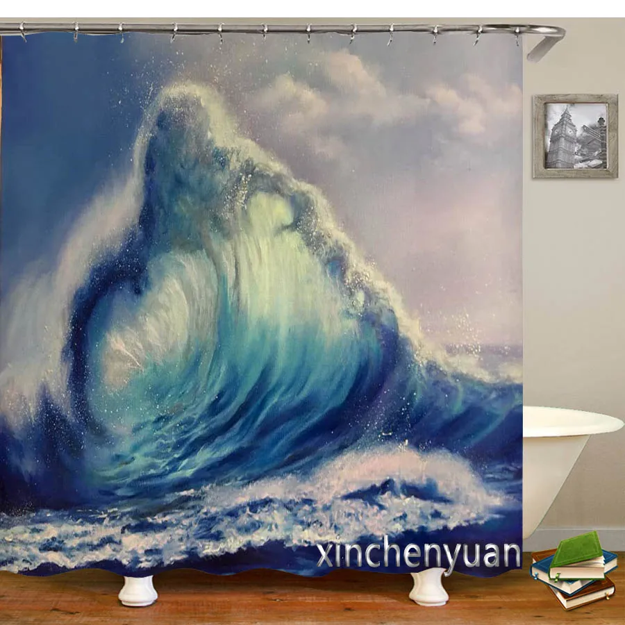 New Creative Ocean Wave Art Waterproof Bathroom Curtain 3d Printed Fabric with Hooks Decoration Shower Curtain M50