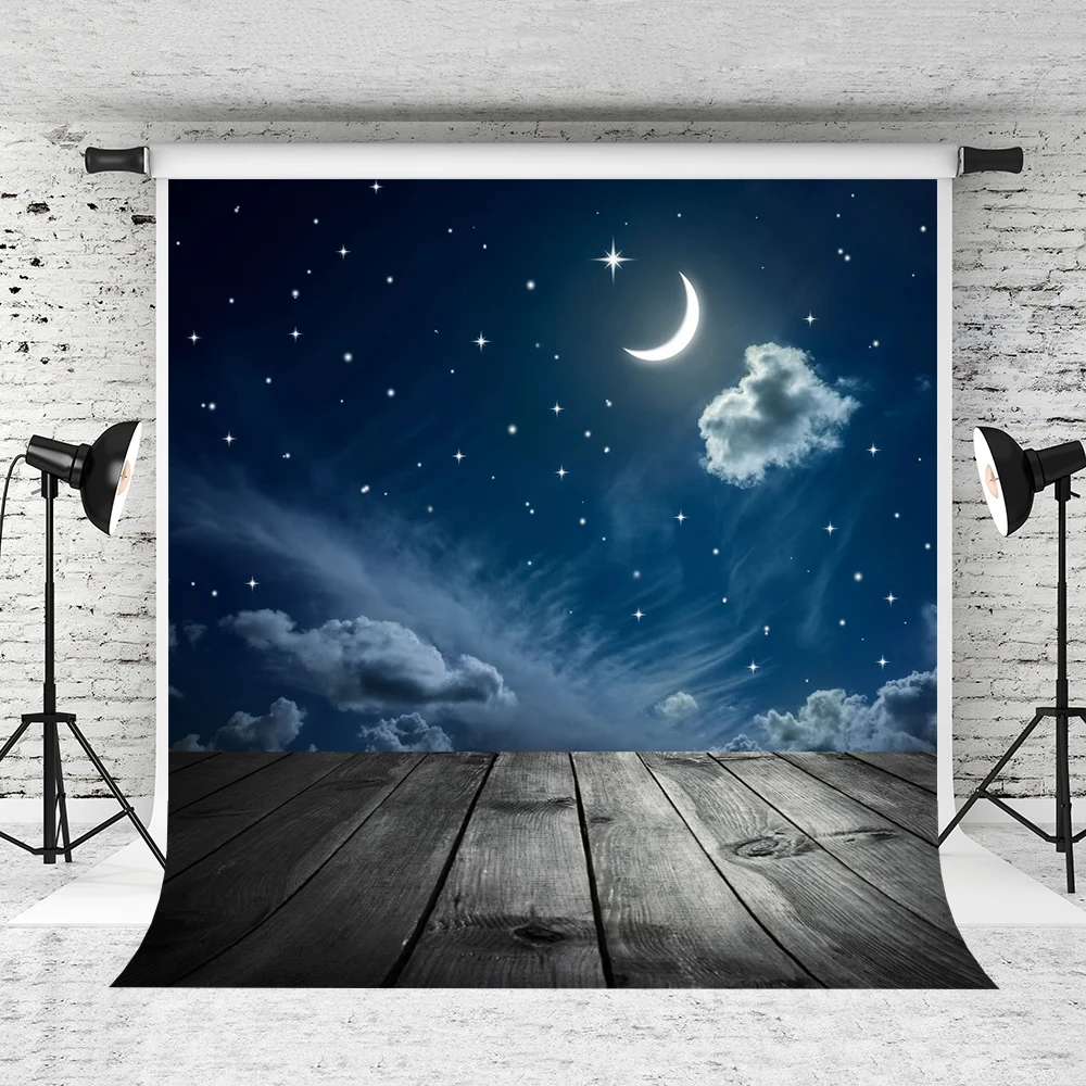 

VinylBDS Photography Backdrops Wood Floor Night Sky Moon Cloud Backgrounds Backgrounds For Photo Studio